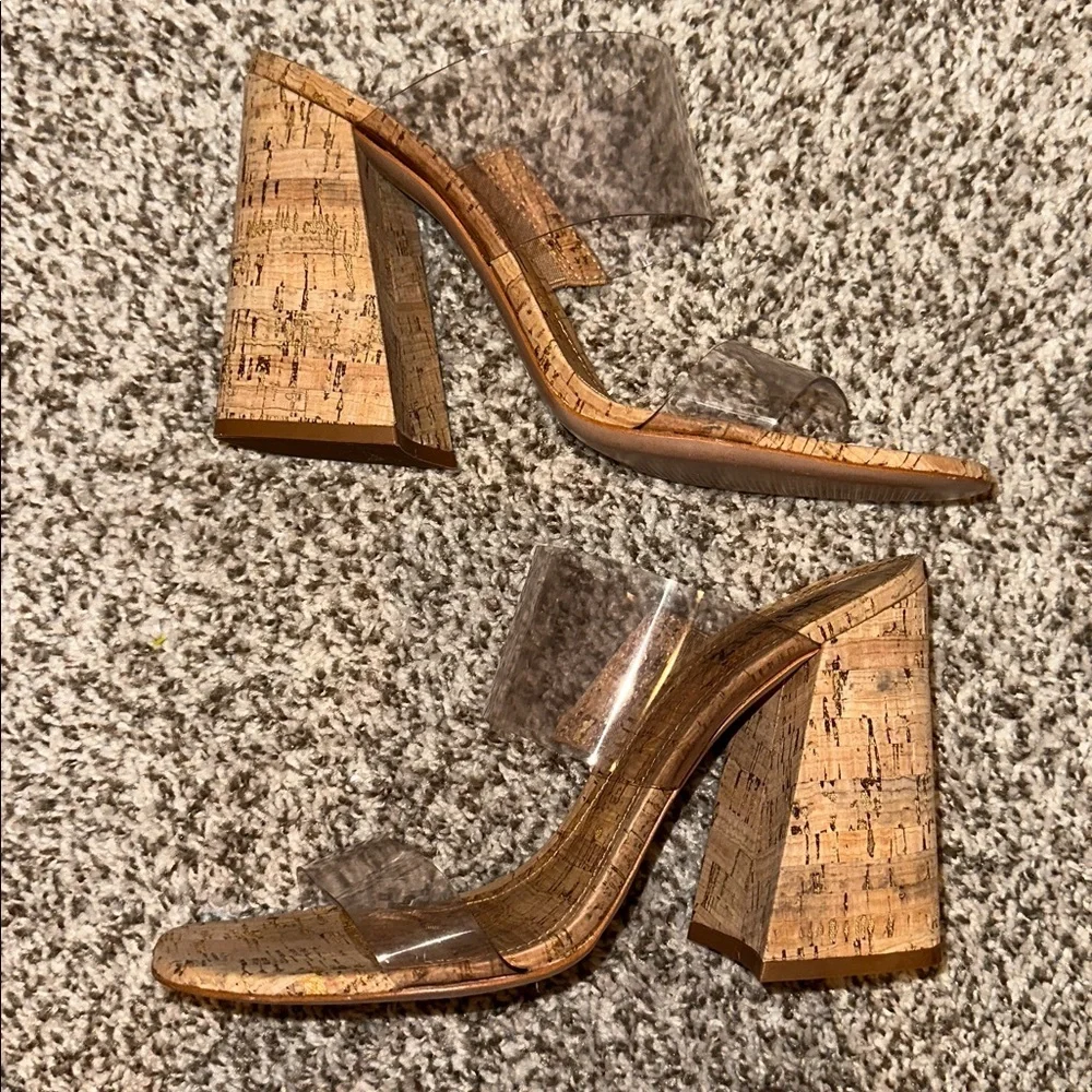 Schutz Victorie Beige Cork & Transparent Vinyl High Block Heel Sandals, Size 10